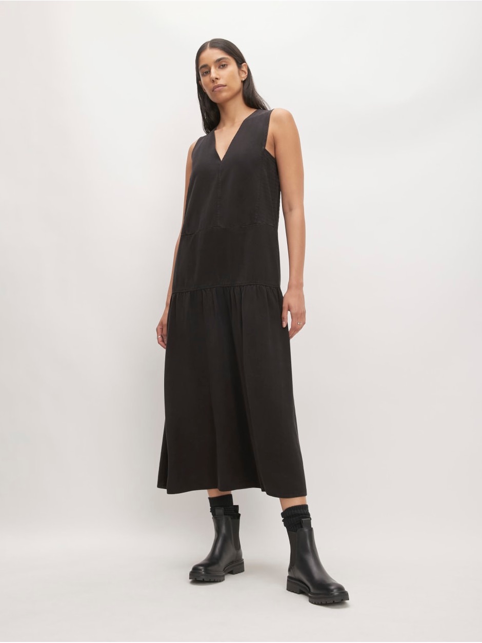 Everlane The Tencel V-Neck Midi Dress Black Size Xs